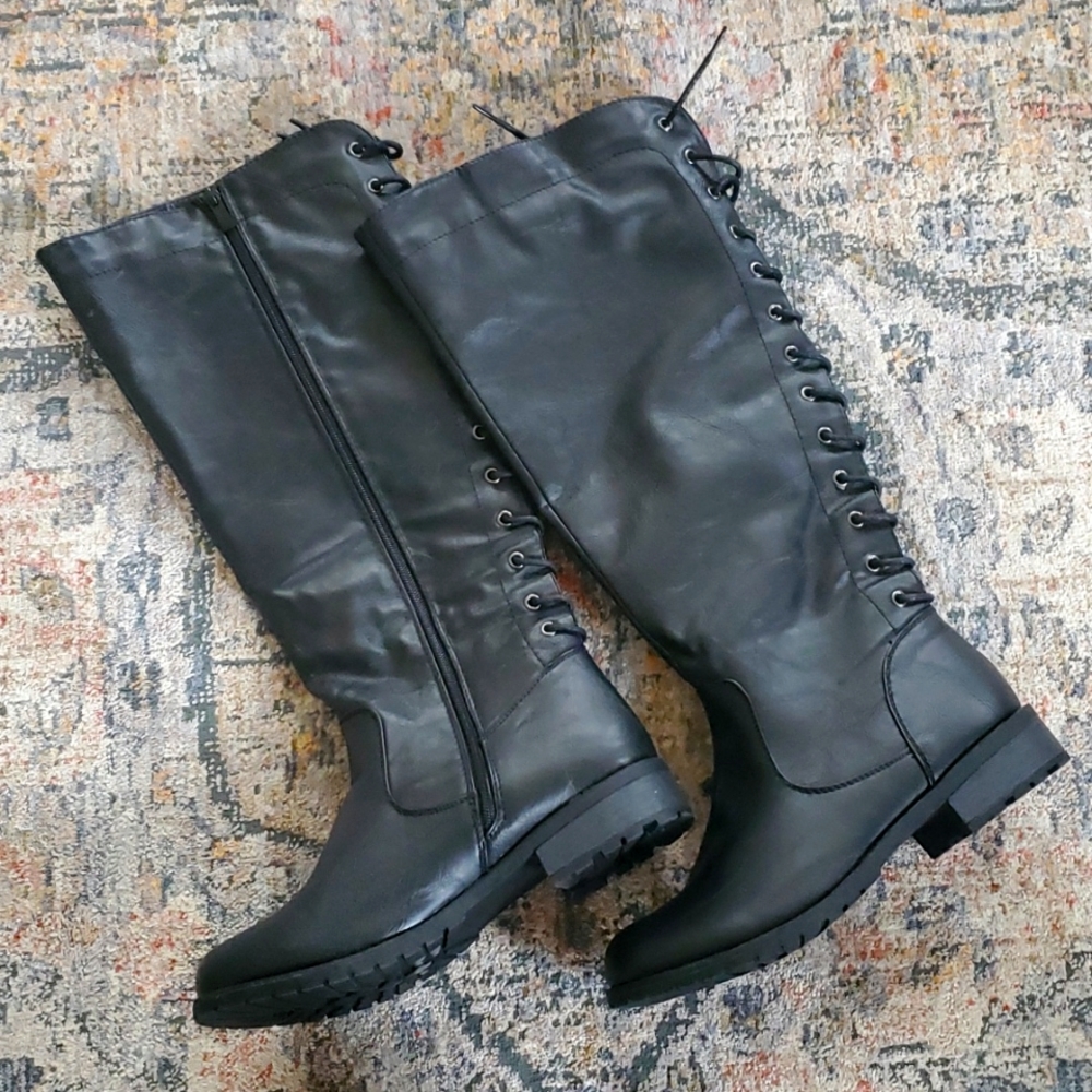 Womens size 10 forever 21 tall black faux leather boots zip up lace back combat